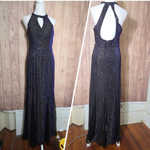 Nightway Black/BlueDress With Metallic Stripes Embellished Halter Maxi Gown 10 - Picture 1 of 12